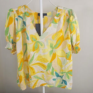 RACHEL Rachel Roy Floral V-Neck Puff Short Sleeve Smocked Rayon Blouse L